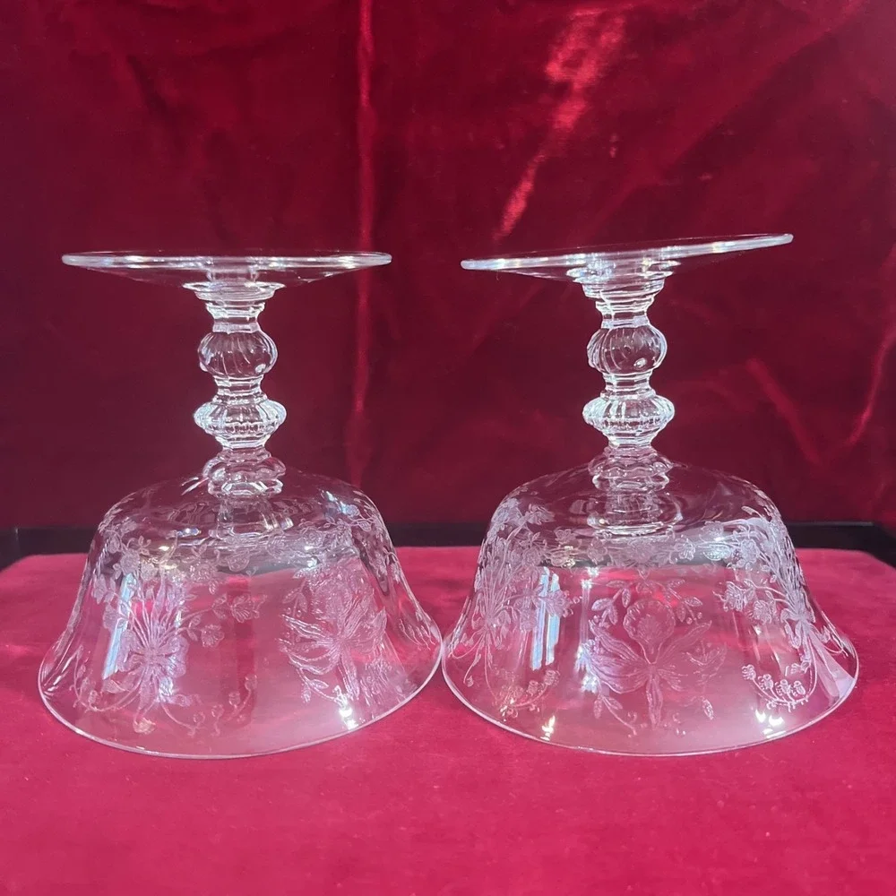 set of 2 Heisey‎ Etched glass Orchid sherbets Champagne goblets